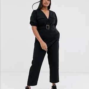 ASOS Curve denim belted jumpsuit with banana leg